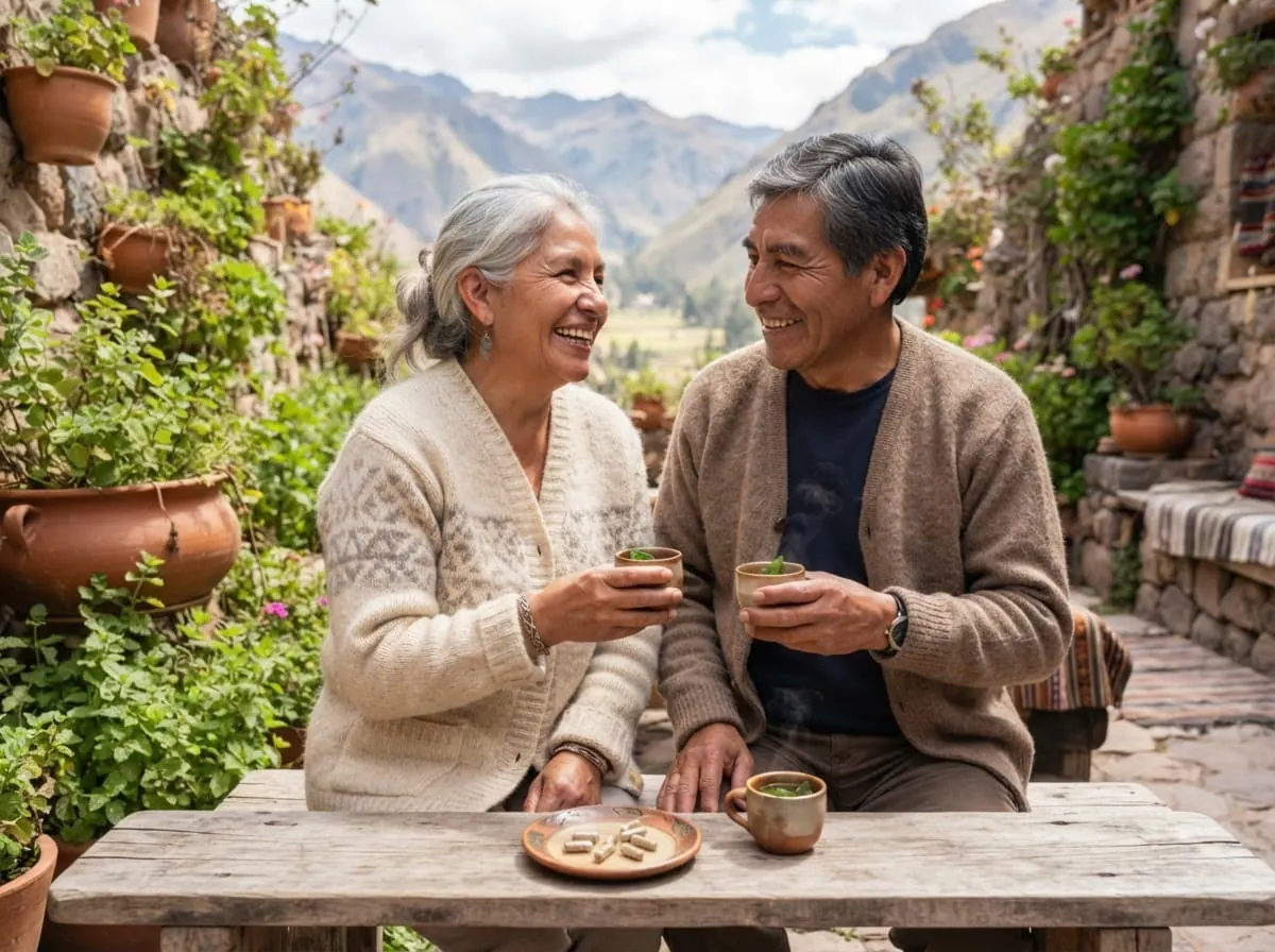 Pareja mayor compartiendo una infusión de hierbas al aire libre