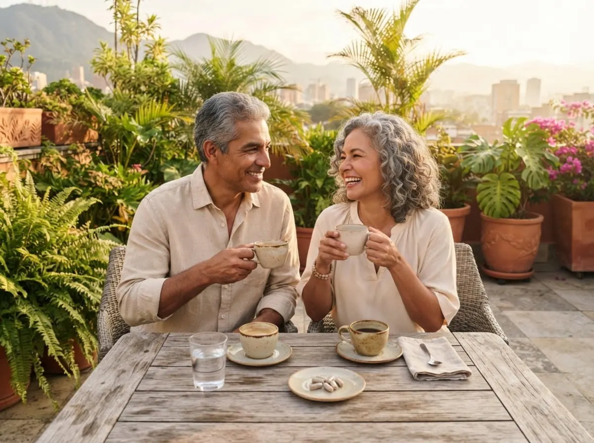 Persona mayor disfrutando un café en una terraza