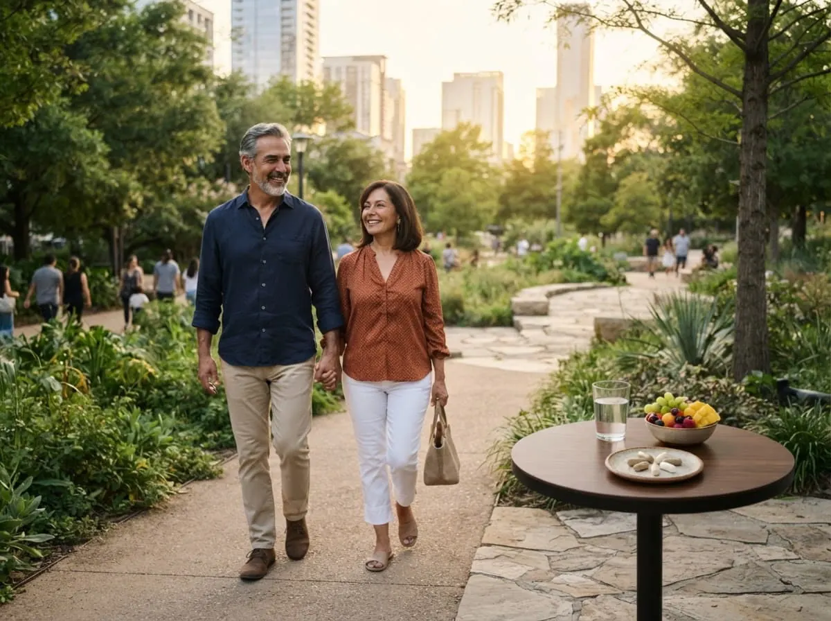 Pareja mexicana caminando en un parque