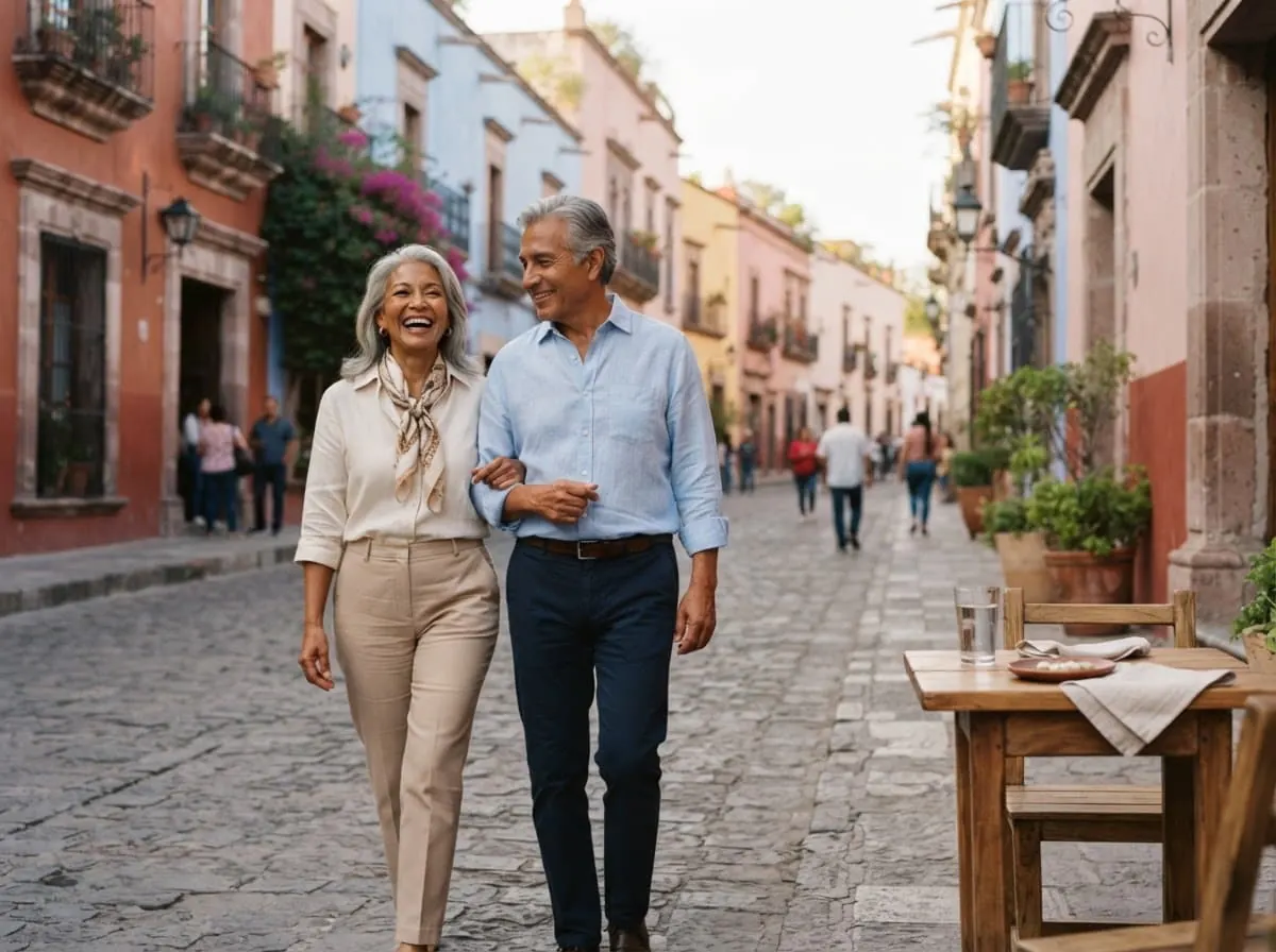 Pareja latinoamericana caminando por un centro histórico