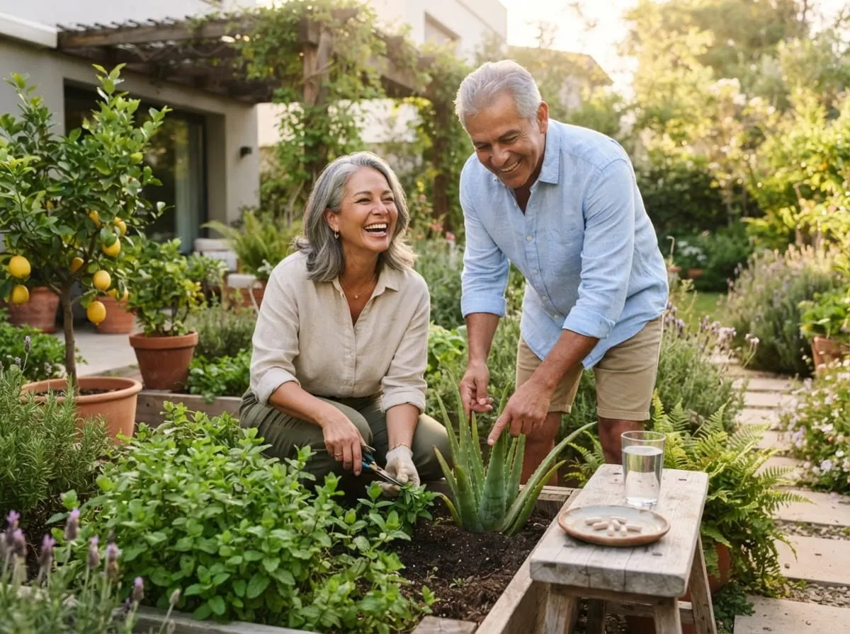 Pareja latinoamericana cuidando un jardín juntos