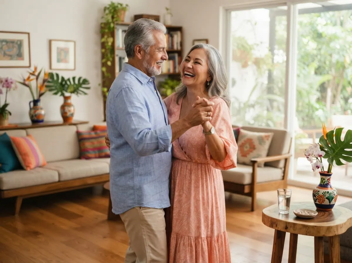 Pareja mayor mexicana bailando con energía