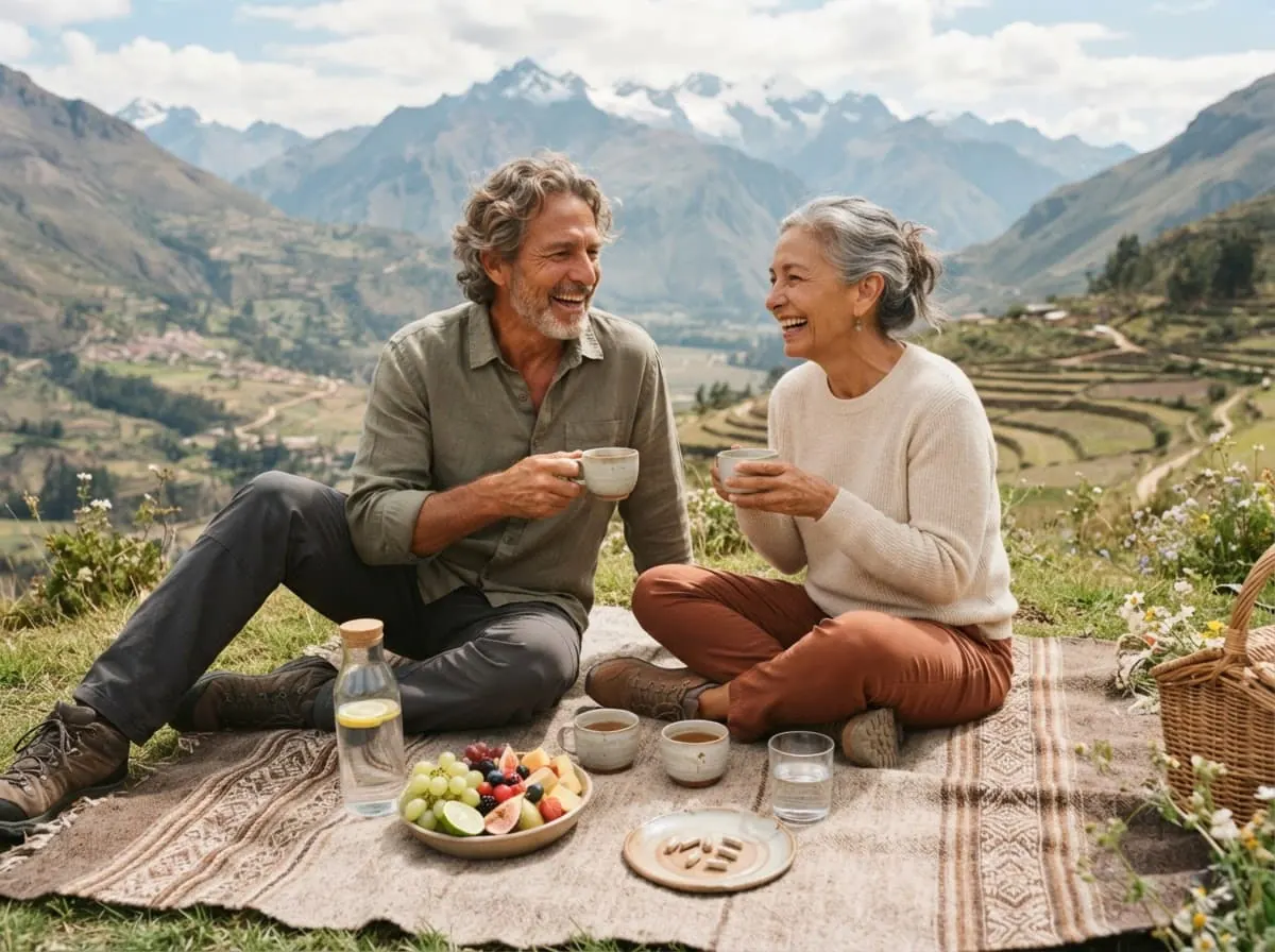 Persona mayor disfrutando un picnic en la montaña