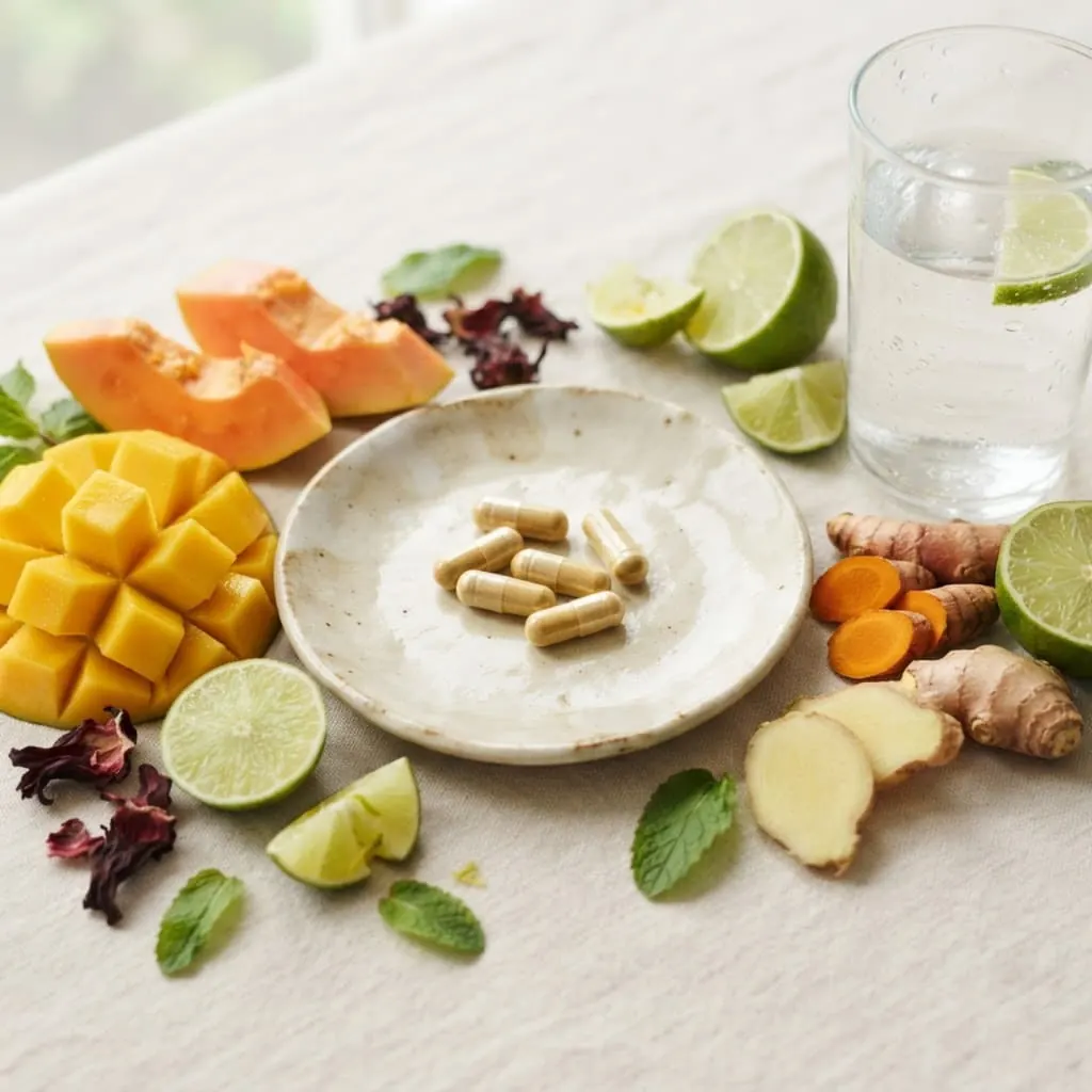 Caja de cápsulas con frutas y hierbas latinoamericanas